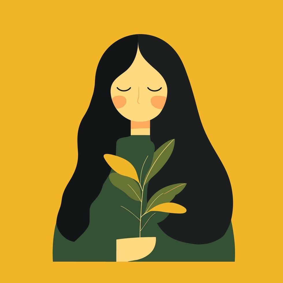 Girl with Long Black Hair Holding a Potted Plant vector