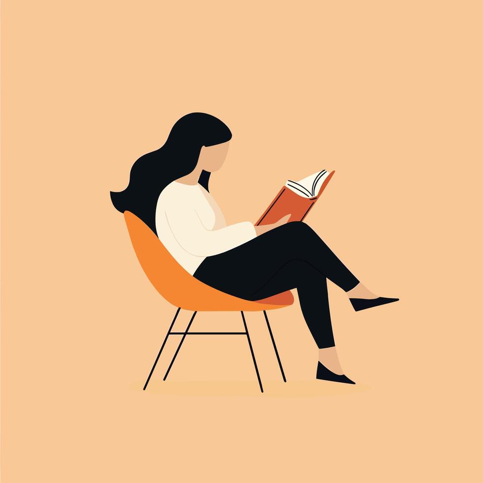 Woman Reading a Book in an Orange Chair, Relaxed and Peaceful Atmosphere. Illustration. Minimalist Illustration . vector