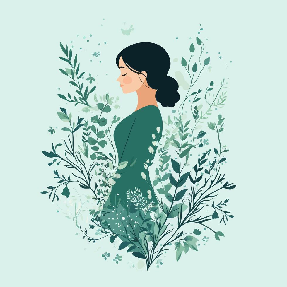 Serene Woman Amidst Lush Greenery. A Botanical Portrait vector