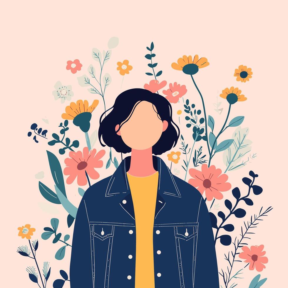 Stylish Woman in Denim Jacket Amidst Blooming Flowers vector