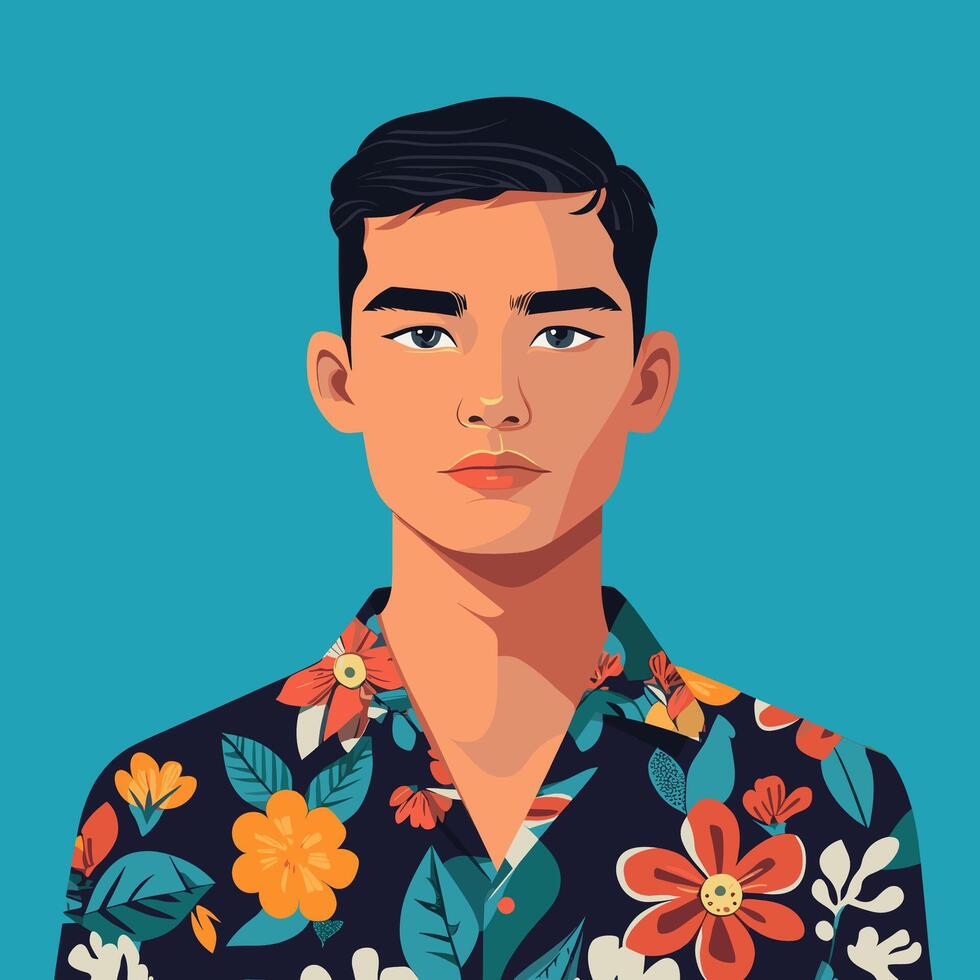 Portrait of a Young Asian Man in a Floral Shirt. Illustration. Minimalist Illustration . vector