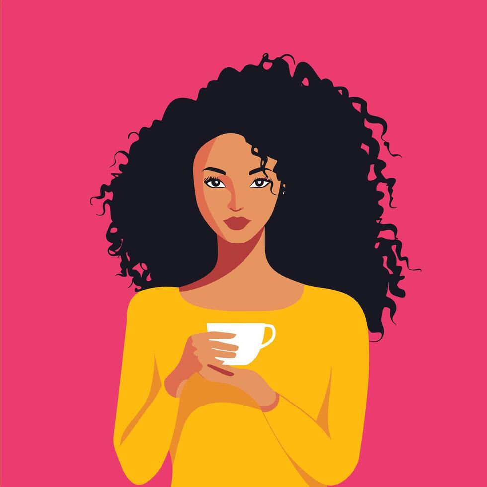 Portrait of a Young Woman with Curly Hair Enjoying a Cup of Coffee vector