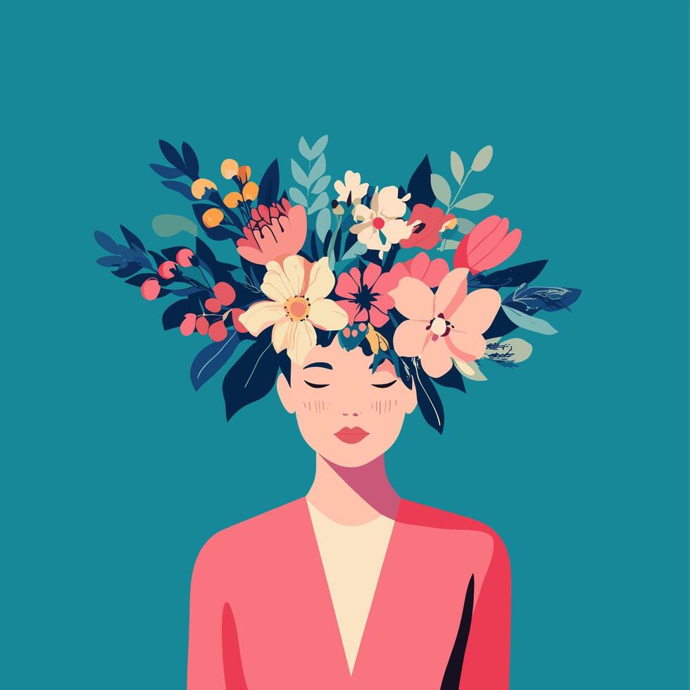 Serene Woman Adorned with a Blooming Floral Crown vector