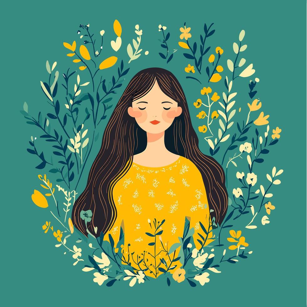 Peaceful Girl Surrounded by Spring Blossoms vector