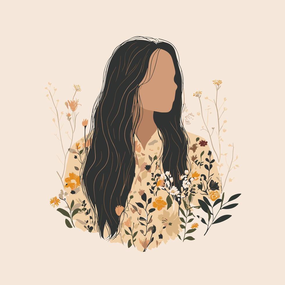 Floral Silhouette Portrait in Earthy Tones with Abstract Flowers. Illustration. Minimalist Illustration . vector