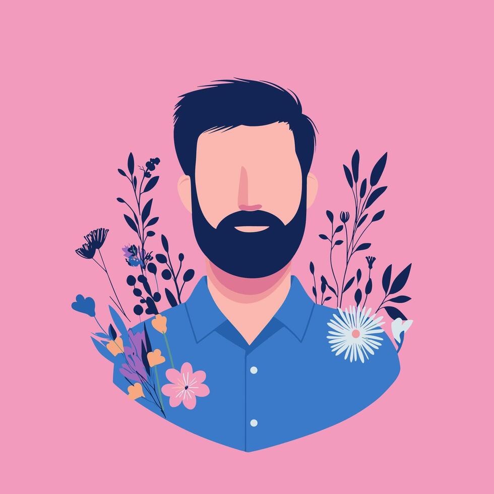 Stylish Bearded Man Portrait with Floral Design vector