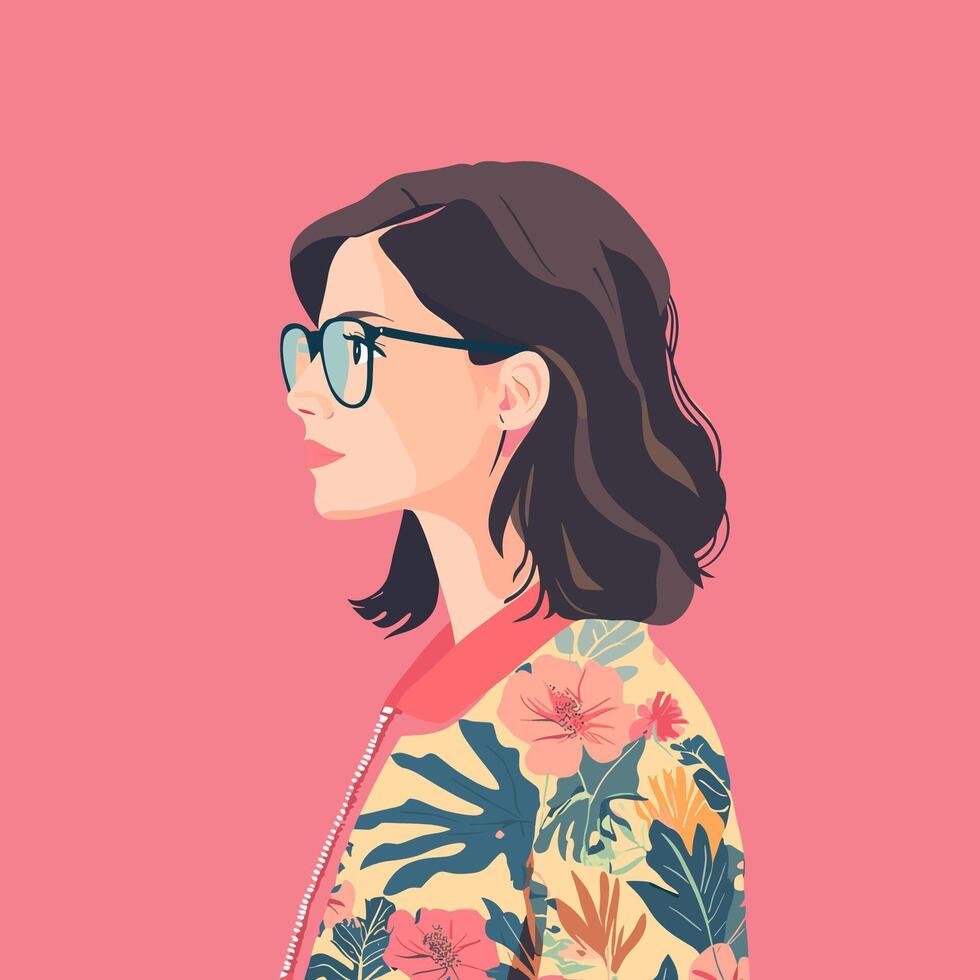 Profile of a Woman with Short Hair Wearing a Floral Jacket vector