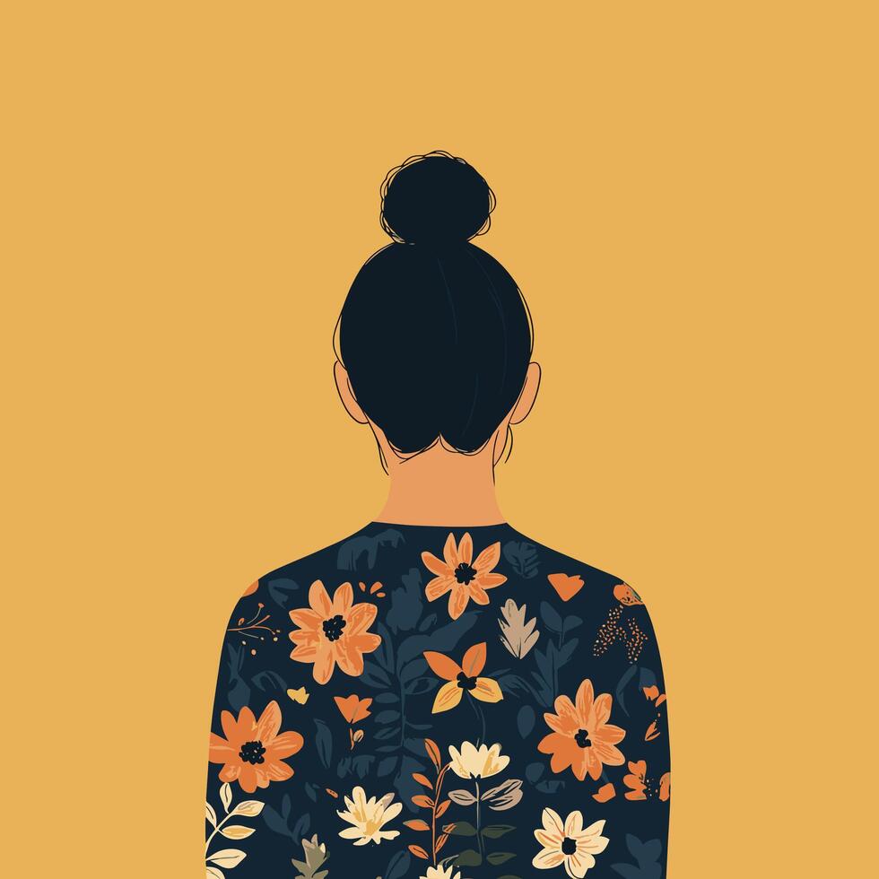 Back View of a Woman with a Floral Print Top and Hair in a Bun vector