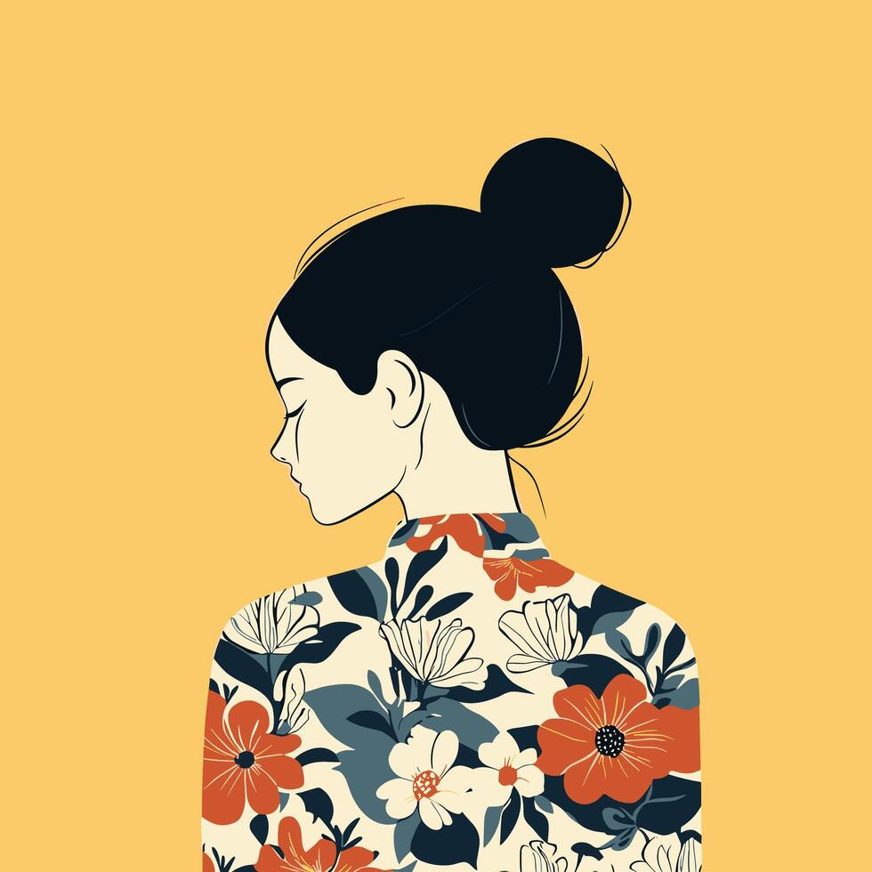 Elegant Woman with Bun and Floral Shirt, Minimalist Back View Illustration. Illustration. Minimalist Illustration . vector