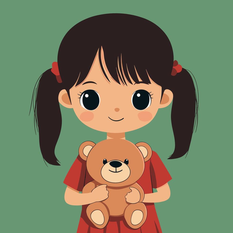Adorable Little Girl with her Beloved Teddy Bear. Illustration. Minimalist Illustration . vector