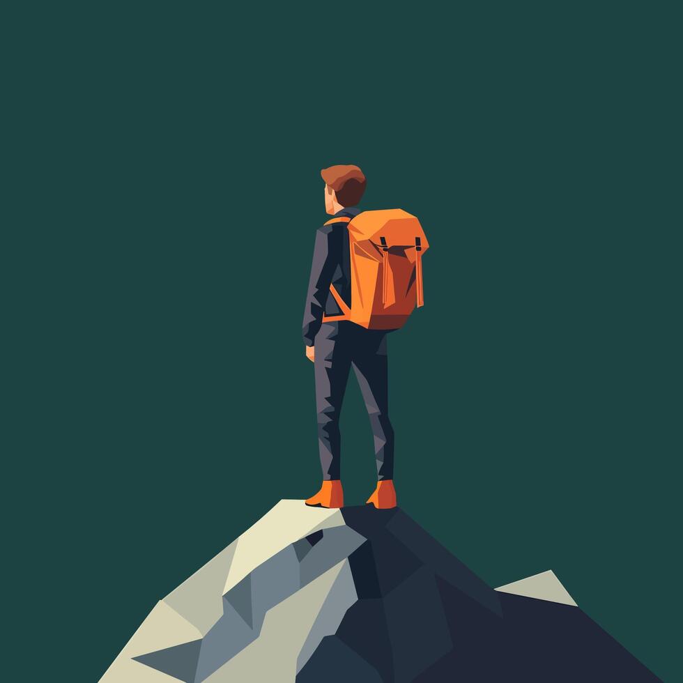 Backpacker Reaching the Summit of a Mountain vector