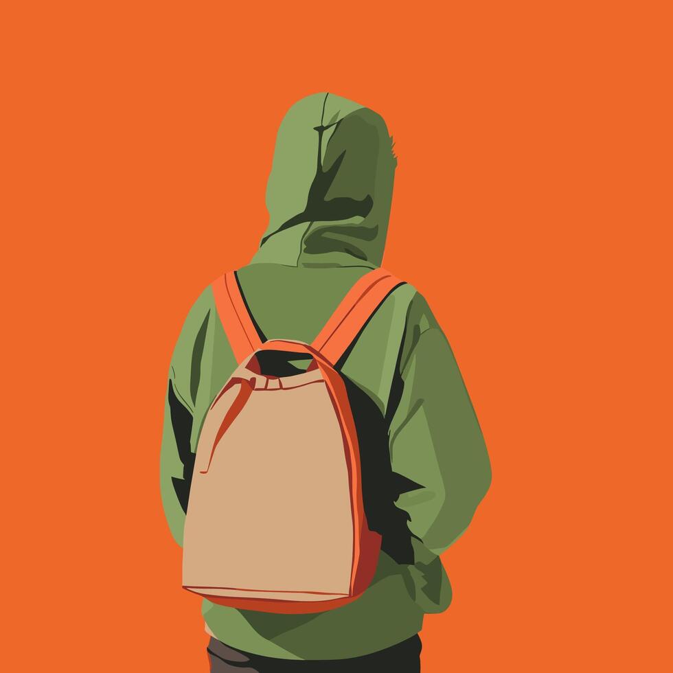 Back View of Person Wearing Green Hoodie and Backpack Against Orange Background. Illustration. Minimalist Illustration . vector