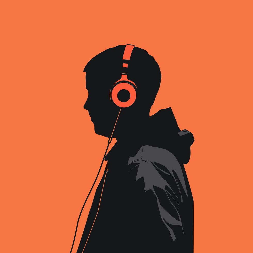 Silhouette of Person with Headphones on Vibrant Orange Background vector
