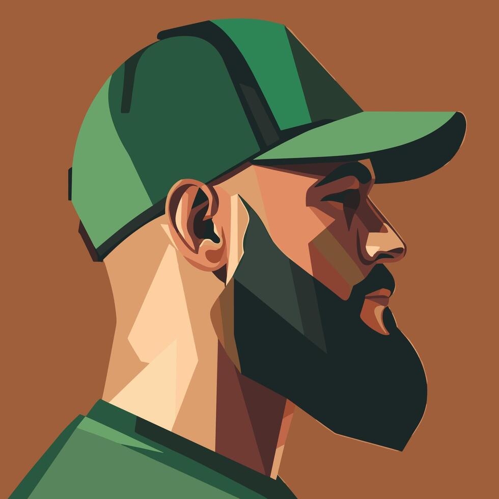 Profile Portrait of a Bearded Man Wearing a Green Cap vector