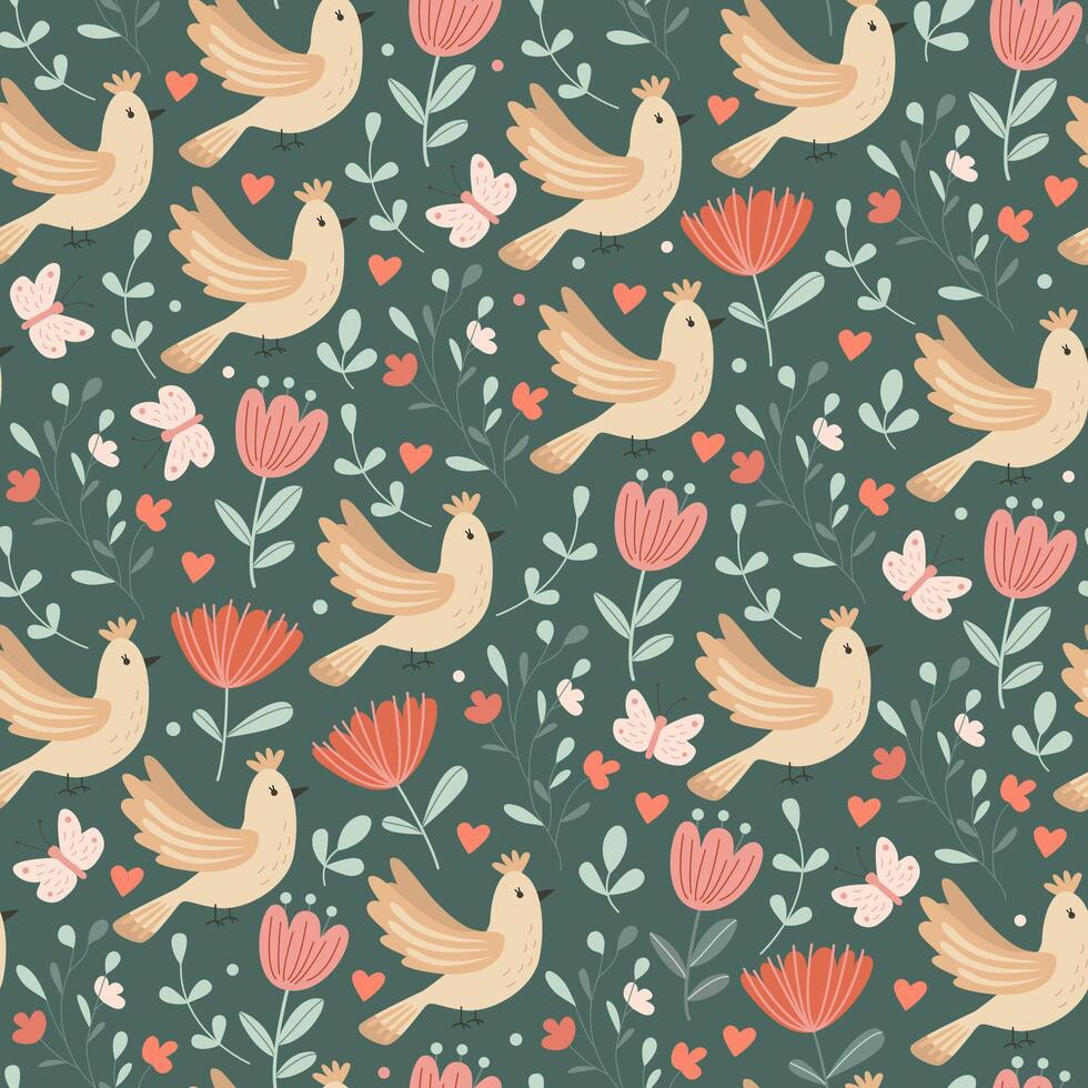 Spring seamless pattern with birds and flowers on green background. Illustration in hand drawn flat style, pastel colors. Ideal for wrapping paper, festive textile vector