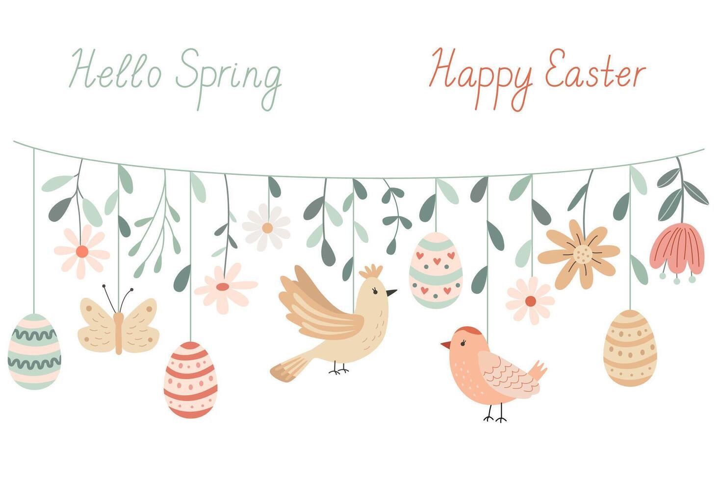 Festive Easter garland illustration with decorated eggs, butterflies, birds and flowers in pastel colors. Perfect for greeting cards, invitations, seasonal banners, and holiday designs. vector