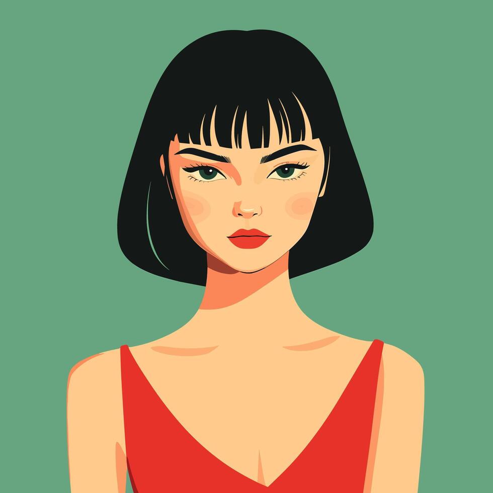 Stylish Girl Portrait in Red Dress, Green Background vector