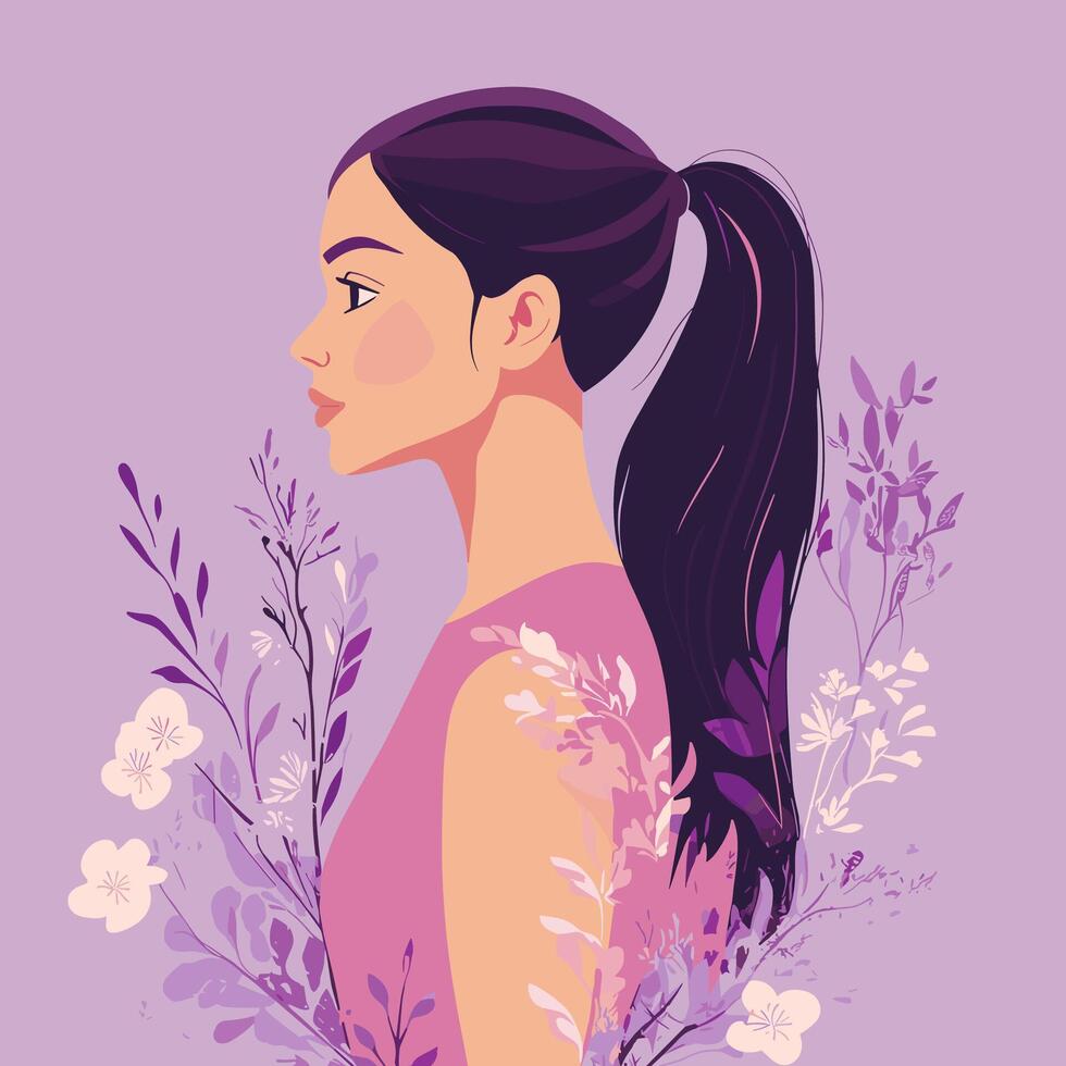 Elegant Profile of a Woman with a High Ponytail, Adorned by Purple Flowers vector