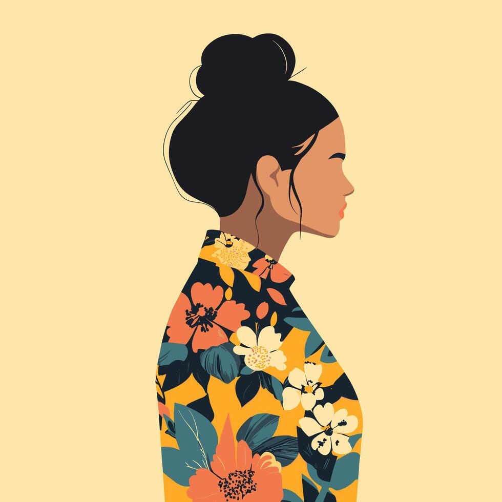 Elegant Woman in Profile, Floral Shirt, Bun Hairstyle vector