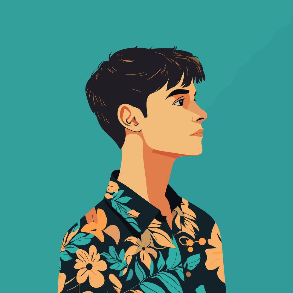 Profile View of a Young Man in a Floral Shirt vector