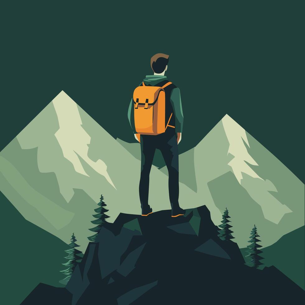 Hiker Contemplating Majestic Mountain View. A Backpacking Adventure vector