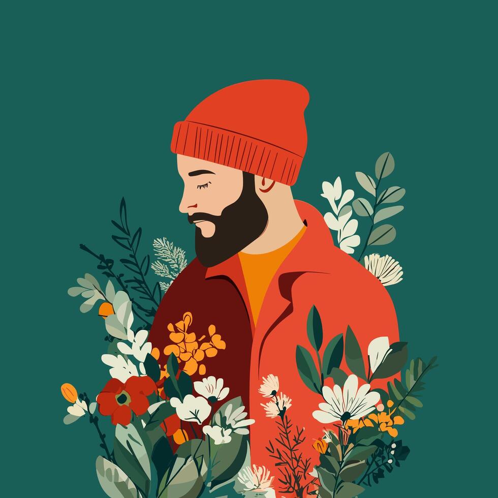 Stylish Man with Flowers. A Modern Portrait vector