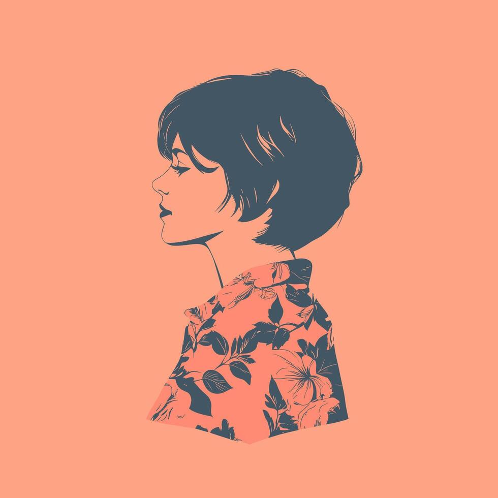 Stylish Woman Profile in Floral Shirt, Minimalist Art Design vector