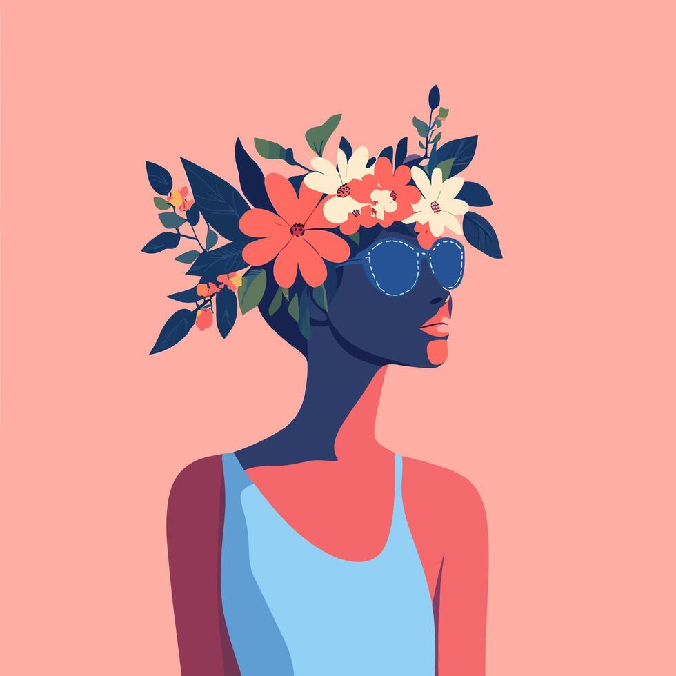 Summer Fashion . Woman with Floral Headpiece and Sunglasses vector