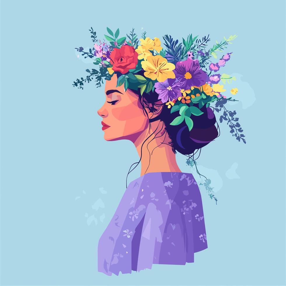 Serene Woman Adorned with a Vibrant Floral Crown vector