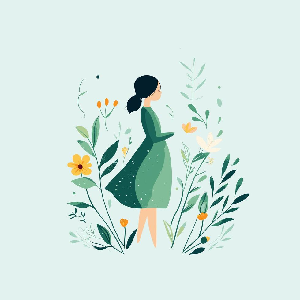 Girl in Green Dress Amidst Blooming Flowers. A Springtime Illustration vector