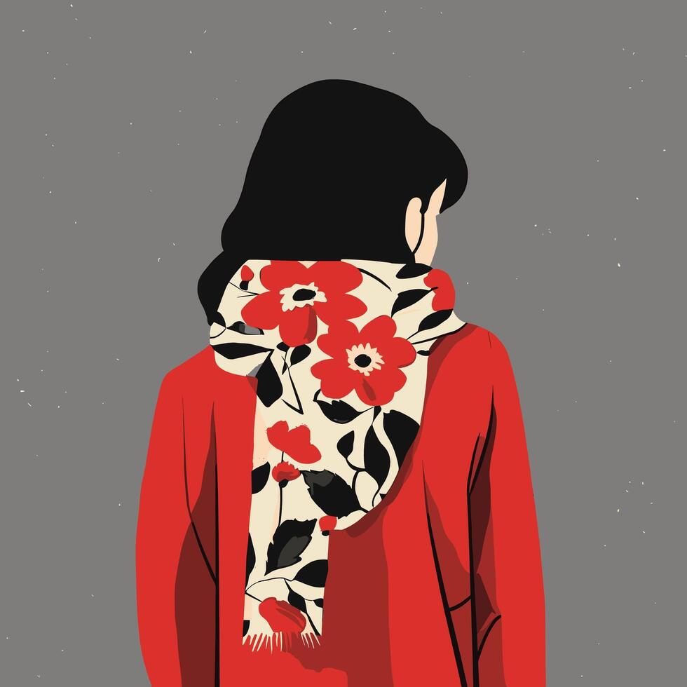 Back View of a Woman in Red Coat with Floral Scarf, Minimalist Art vector