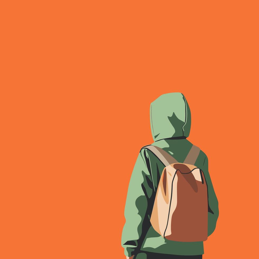 Back View of Person Wearing a Green Hoodie and Backpack Against an Orange Background vector