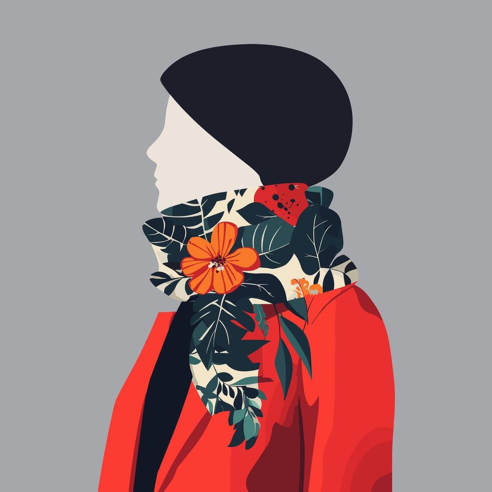 Stylish Woman in Red Coat with Floral Scarf, Profile View vector