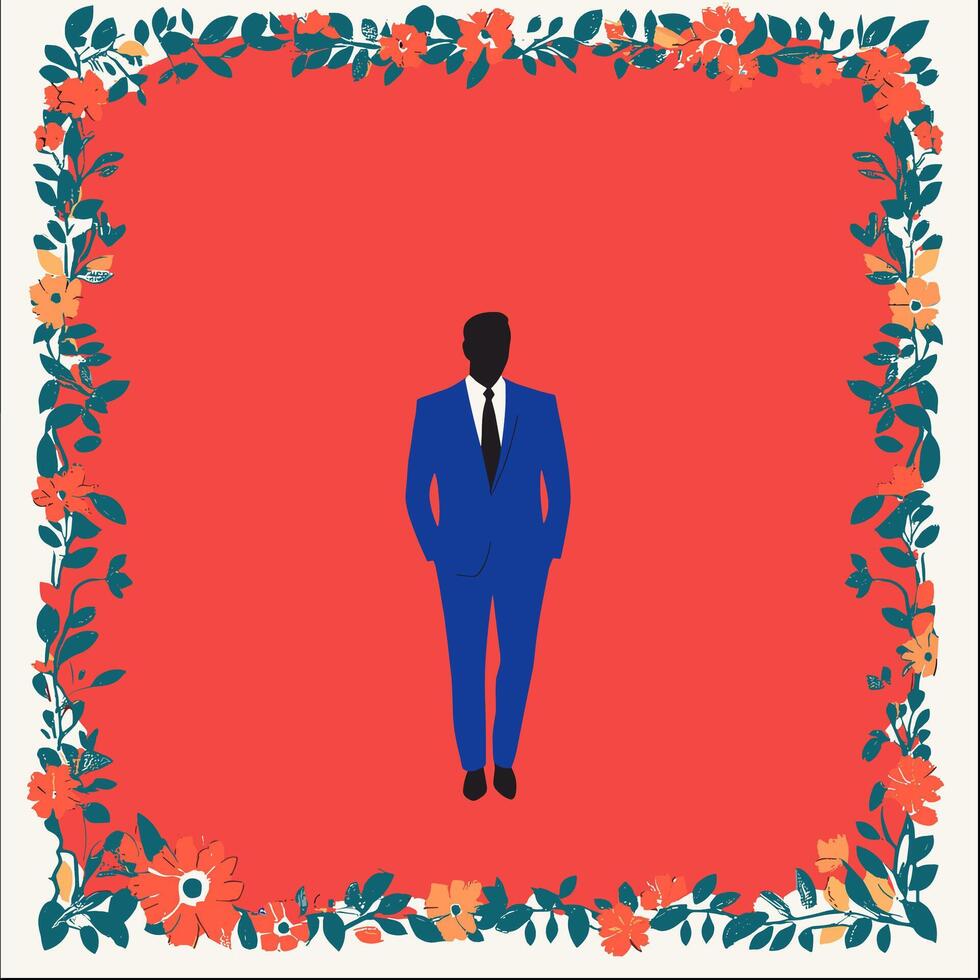 Stylish Man in Blue Suit,Floral Frame,Red Background vector