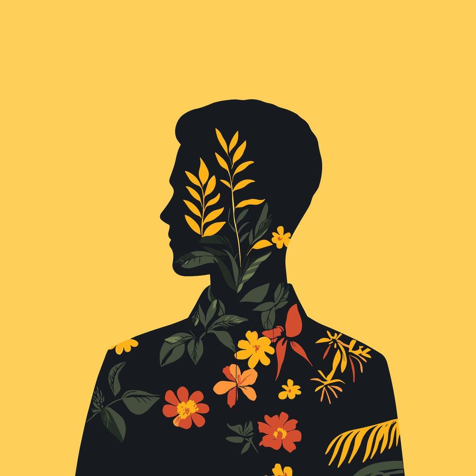 Floral Silhouette of a Man. A Botanical Portrait . vector