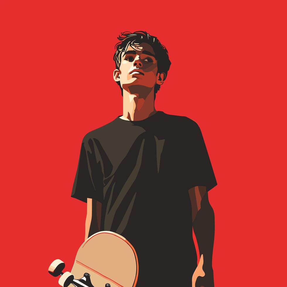 Contemplative Skateboarder Against Bold Red Background vector