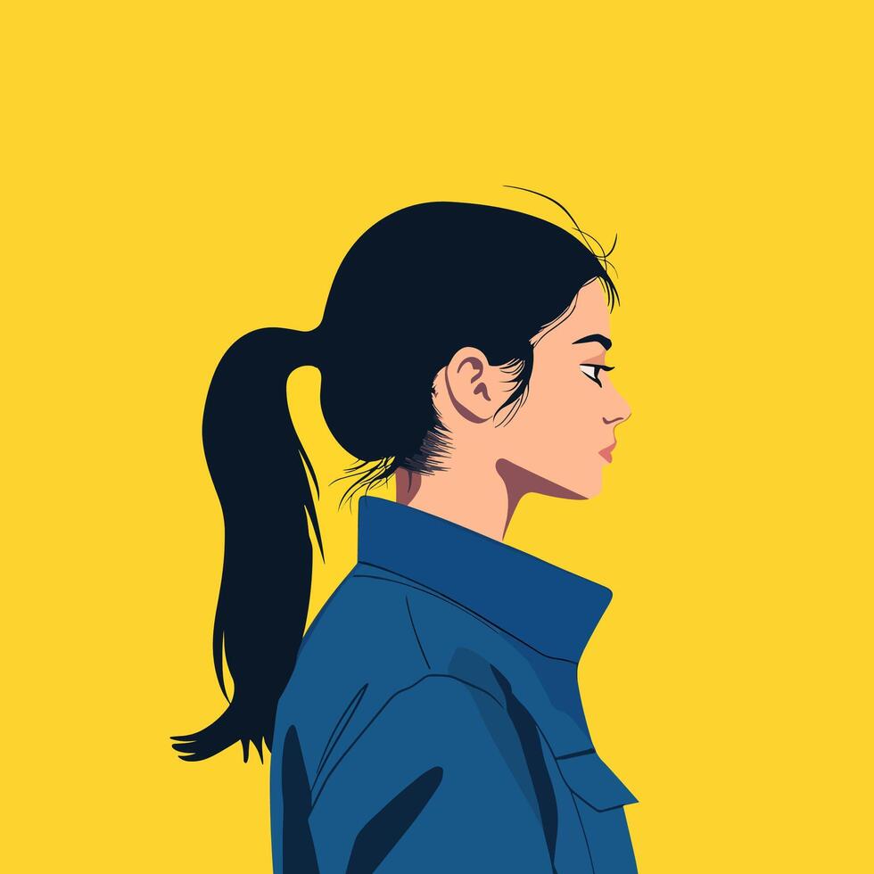 Stylish Girl Profile . Blue Denim Jacket and High Ponytail against Yellow Background vector