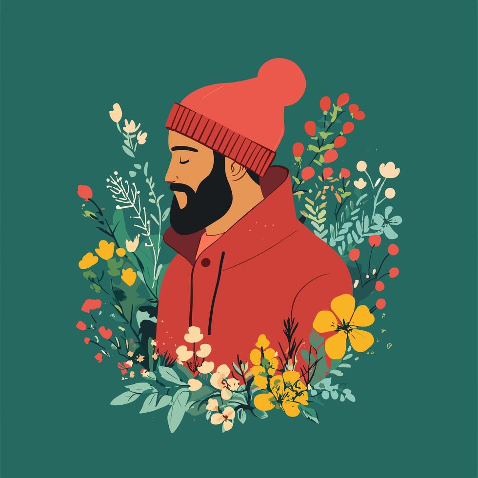 Cozy Illustration of Man in Beanie Surrounded by Floral Elements vector