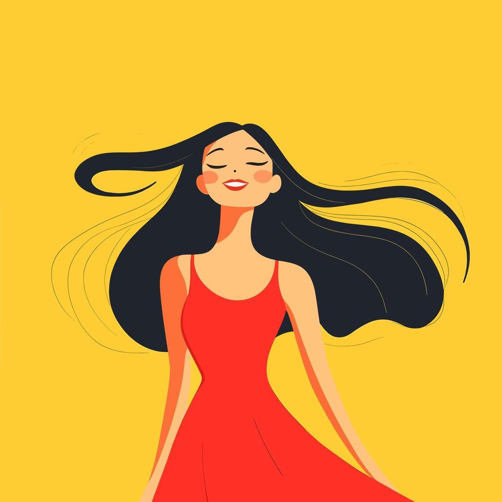 Summer Breeze . A Happy Woman in Red Dress vector