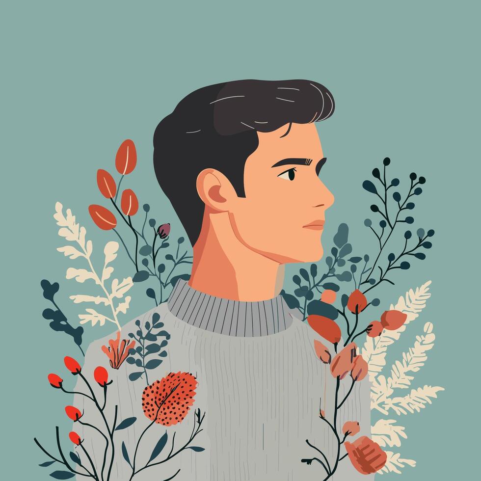 Stylish Man's Profile Amidst Autumnal Floral Design vector