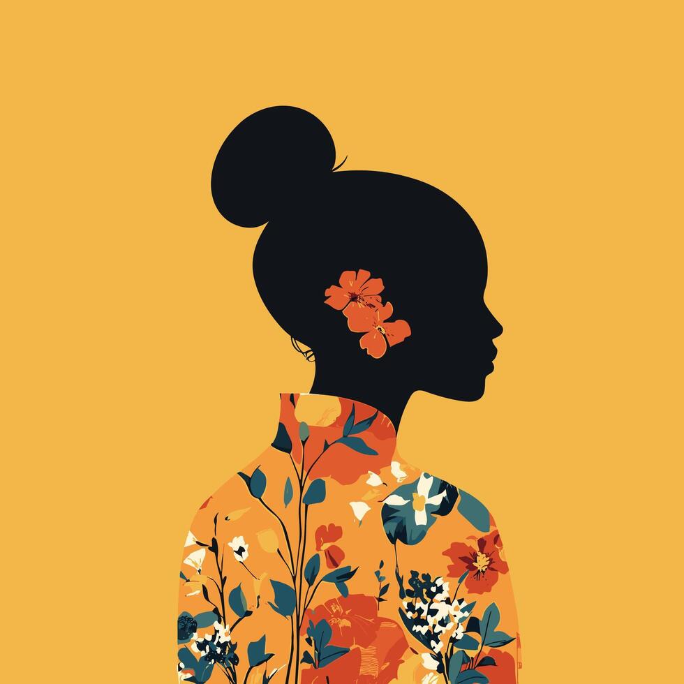 Floral Fashion Silhouette. A Woman's Profile in a Vibrant Flowery Dress Against a Yellow Background vector