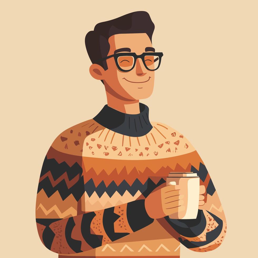 Cozy Autumn Portrait of a Man with a Warm Drink vector
