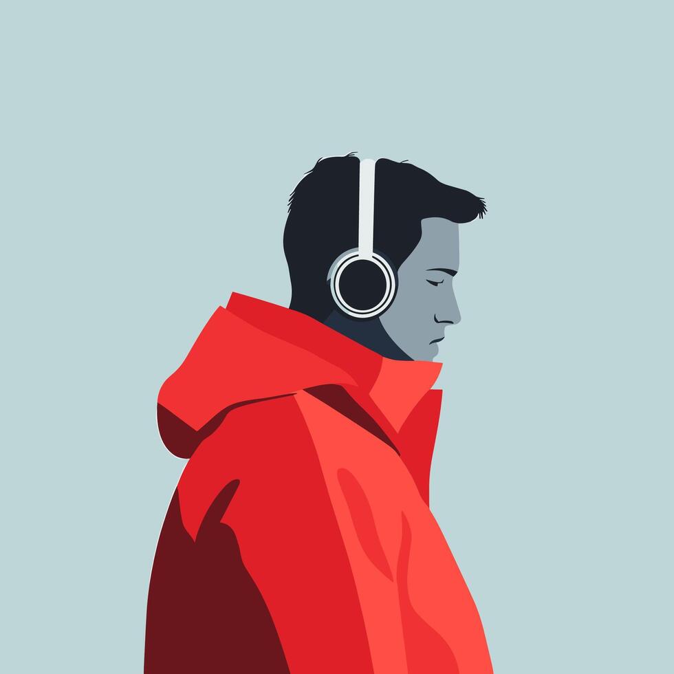 A Man Listening to Music in Red Coat vector