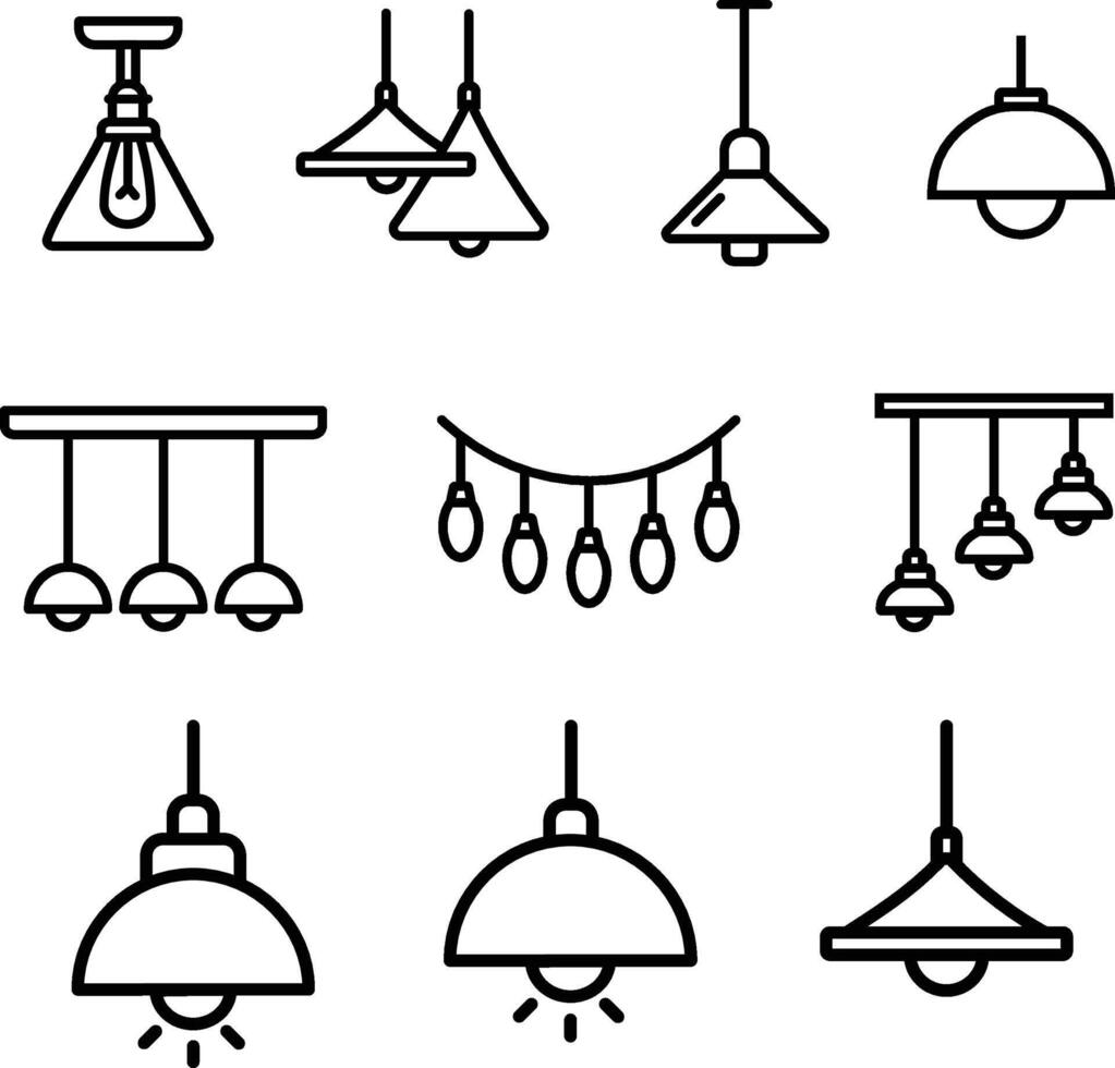 collection of hanging lights, interior lights room, home decoration, black line and white vector