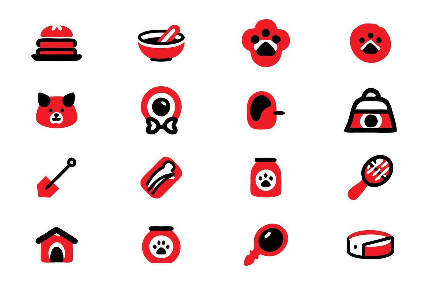 A set of 16 simple, red and black icons depicting various dog care items and accessories. vector