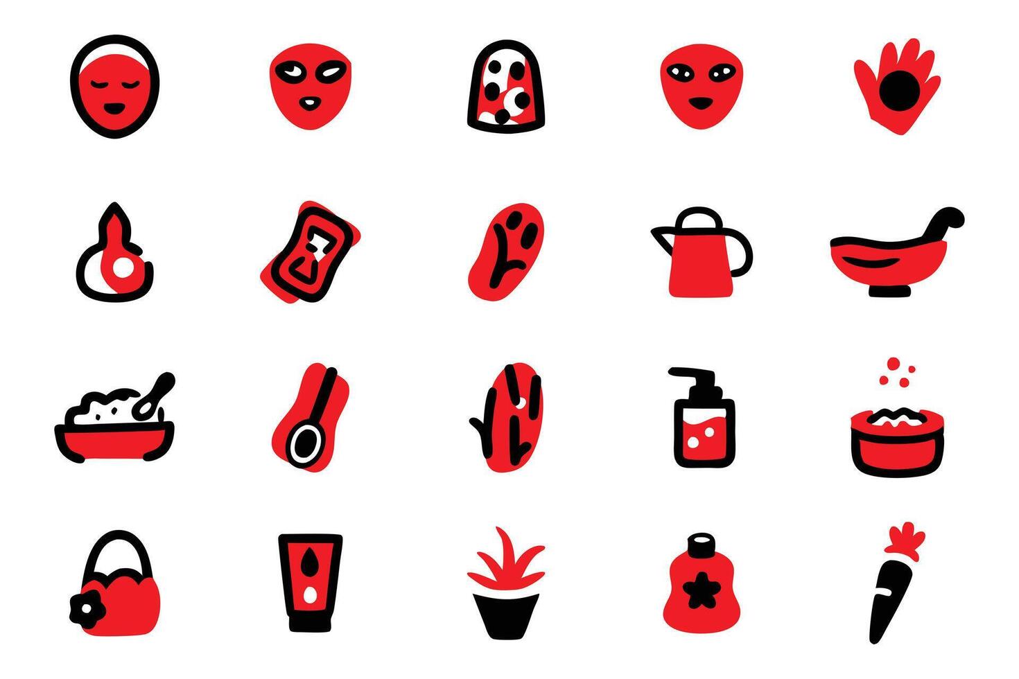 This set of simple, graphic icons displays a variety of spa, beauty, and skincare elements. vector