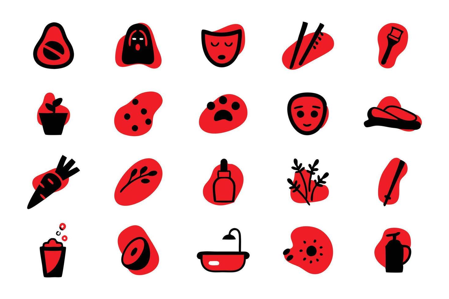 This image features a collection of 16 simple, black silhouette icons on red abstract shapes, perfect for websites, apps, or social media posts. vector