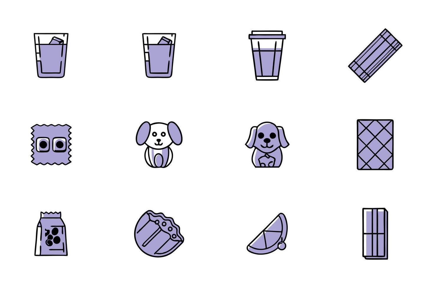 A set of twelve cute, cartoon-style icons in a pastel purple color scheme. vector