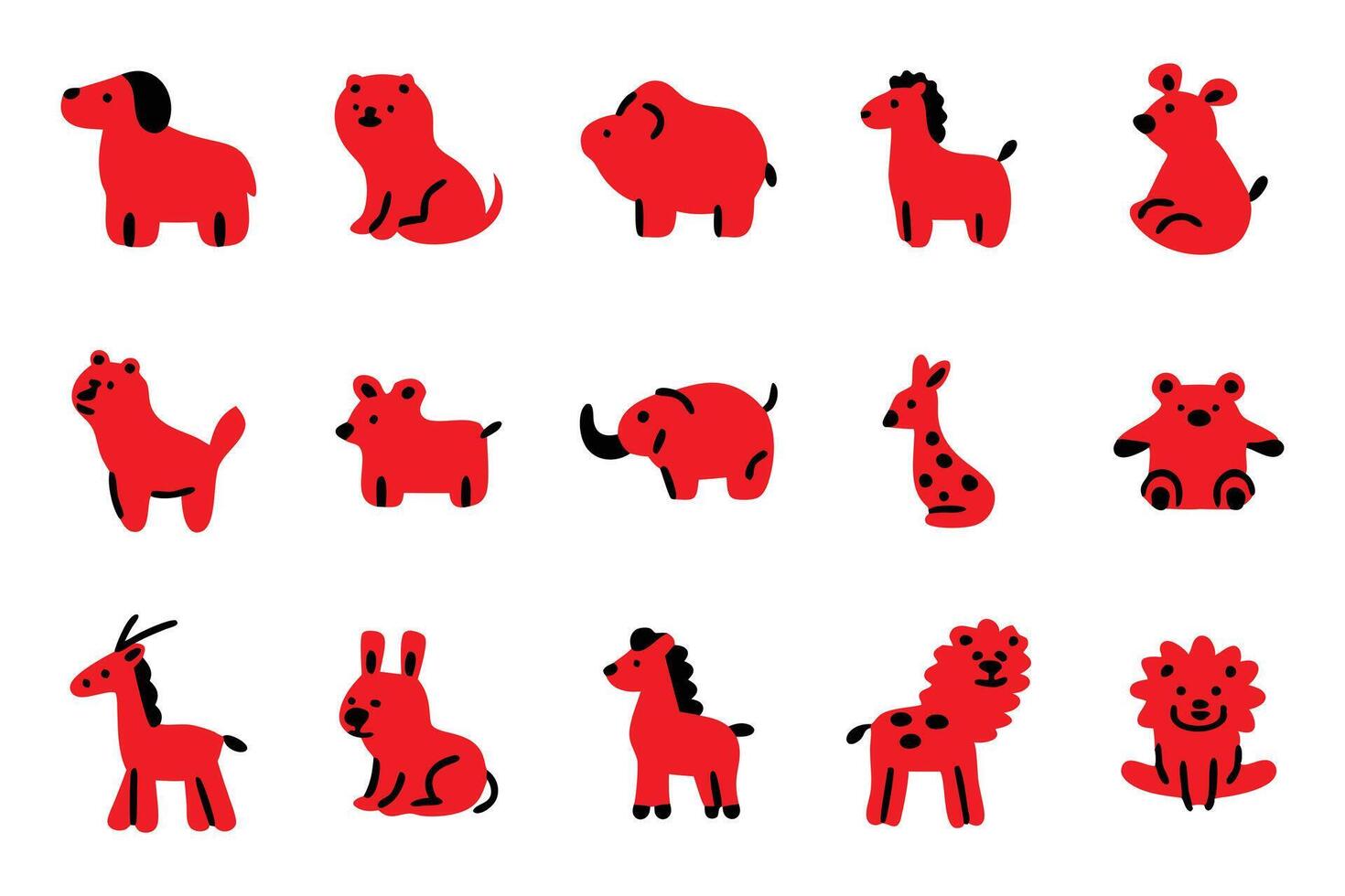 A set of simple, stylized animal silhouettes in solid red with black outlines. vector