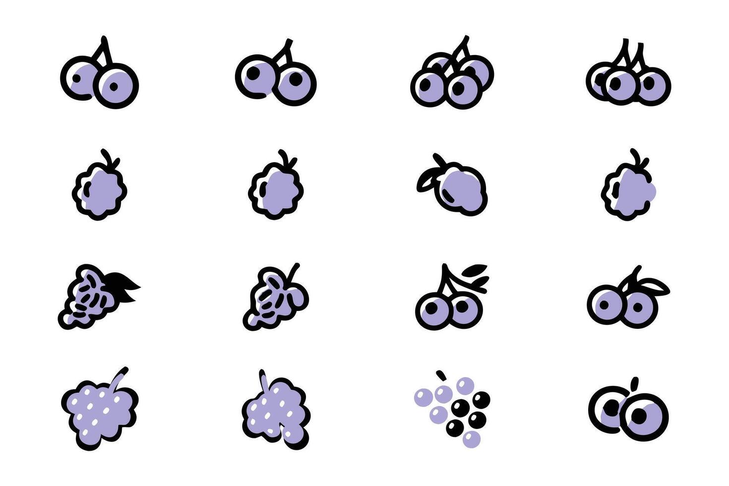 This image features a set of simple, cartoon-style icons depicting various types of berries, including cherries, blueberries, raspberries, and grapes. vector